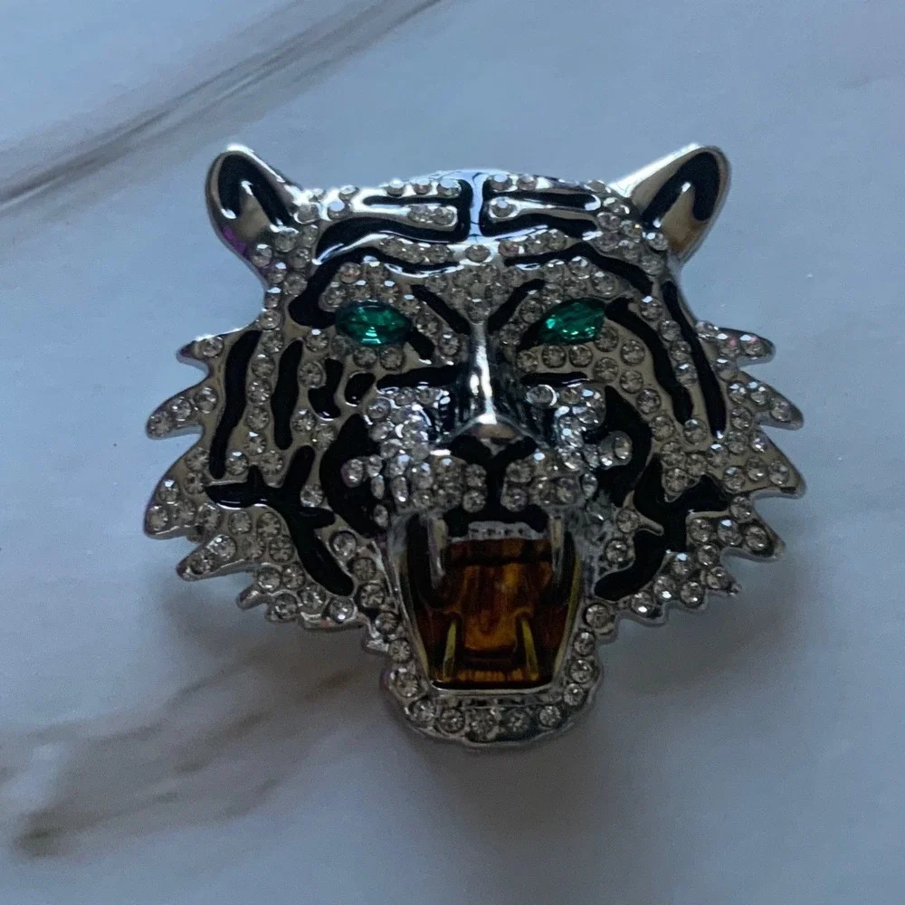 Rhinestone Tiger Head Brooch Pin Silver Tone Enamel Roaring Green Eyes